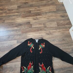 Festive Black Cardigan with Holiday Embroidery
